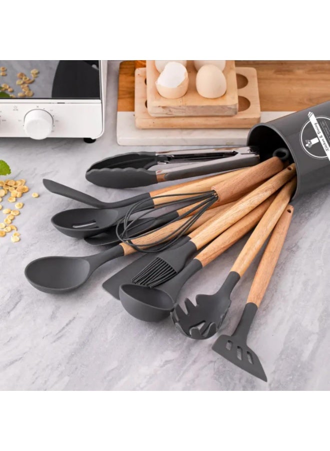 11 Piece Silicone Cooking Utensils Set with Wooden Handles and Cylindrical Holder Heat Resistant and Non Stick Black and Brown - Image 3